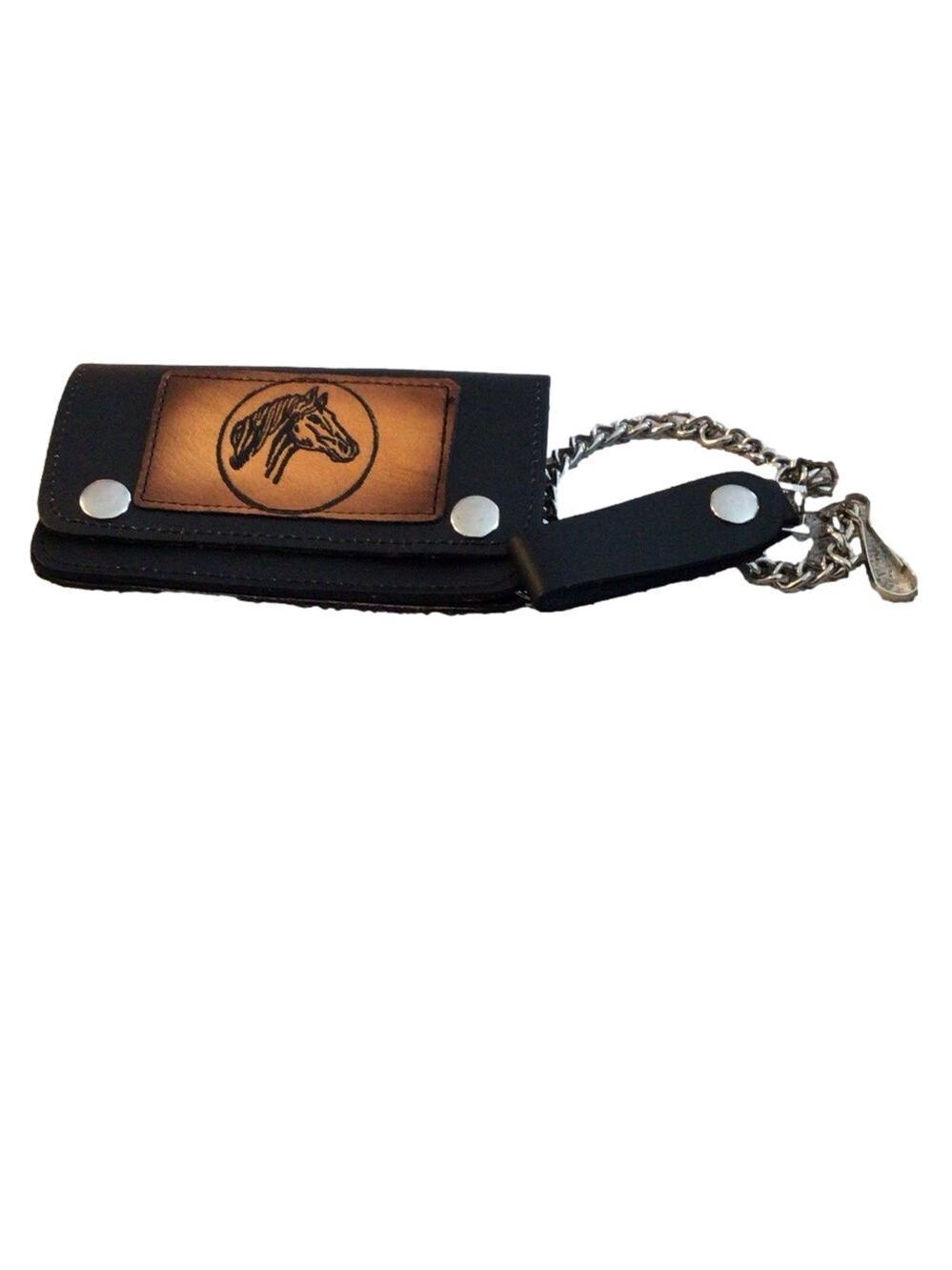 Vintage Black and Brown Leather Wallet with Chain and Clip with Horse Design